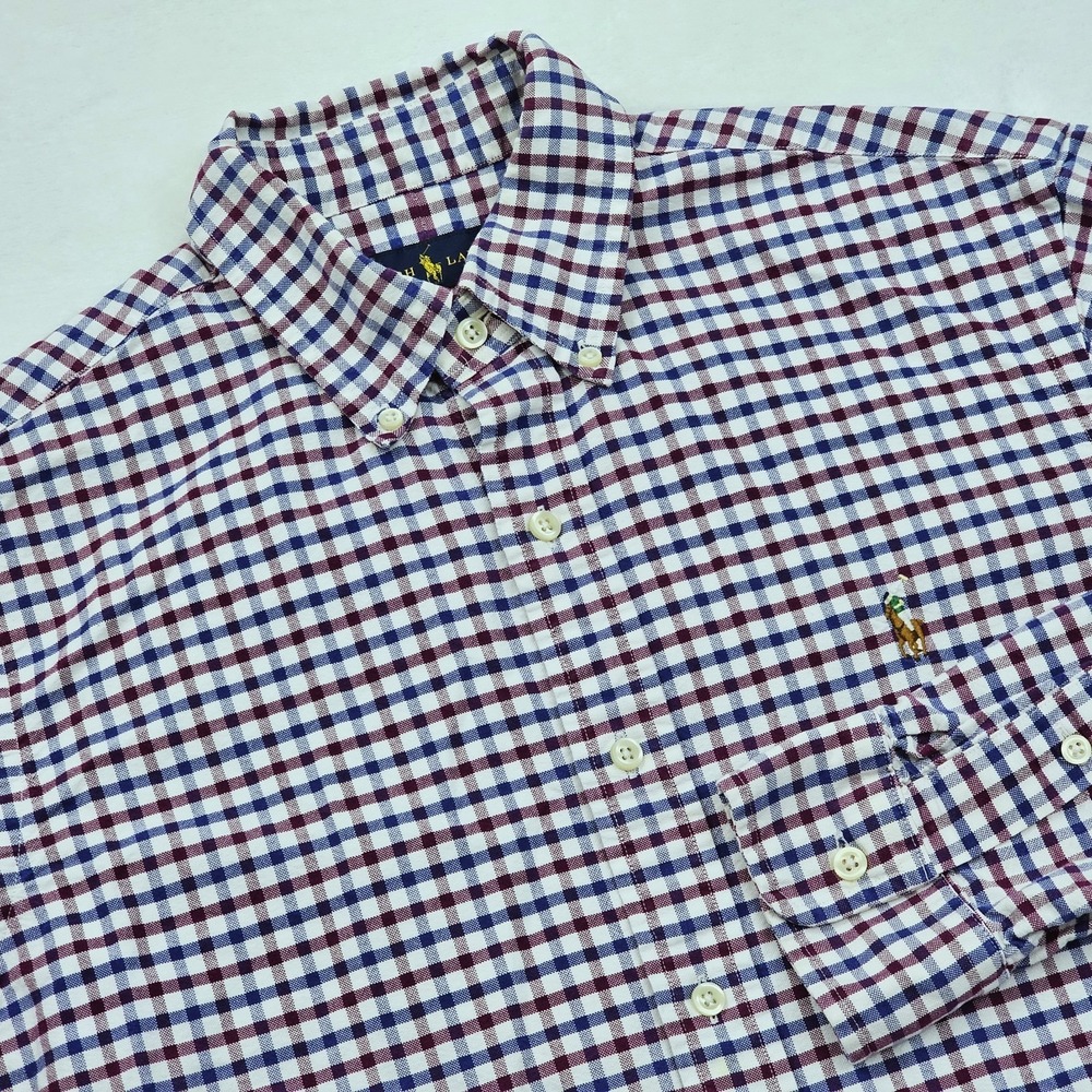 Ralph Lauren Shirt Mens Medium Plaid Gingham Flesh Pony‎ Logo Preppy Ivy Oxford
